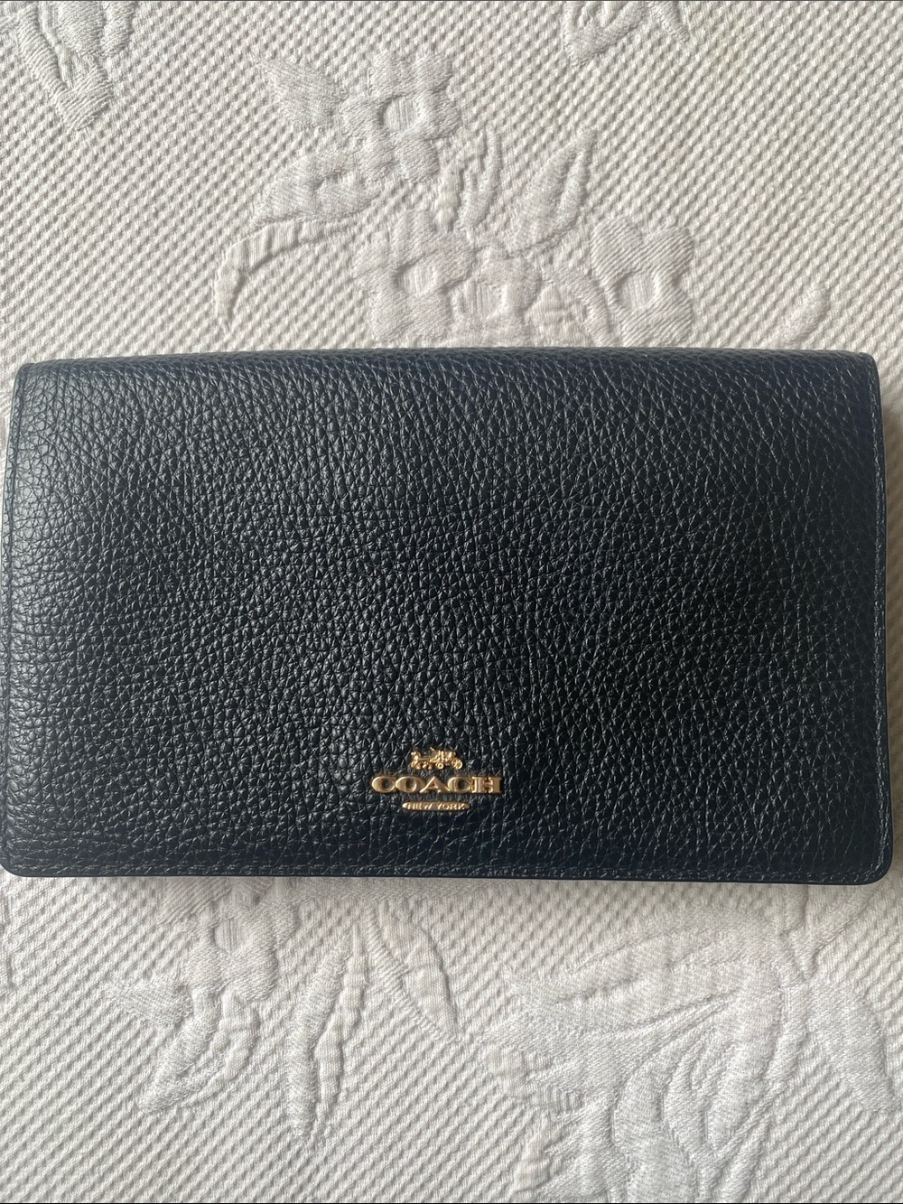 Coach Black Pebbled Leather Bi-Fold Wallet with Gold Logo Accent